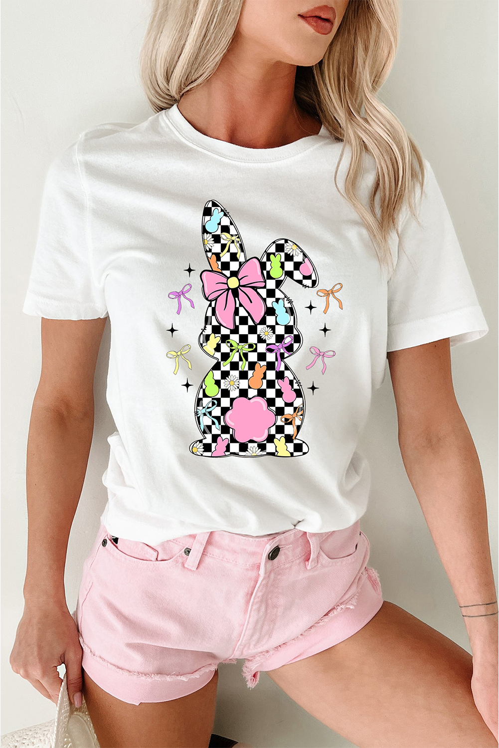 White Bowknot Checkerboard Bunny Graphic Easter T Shirt - loveforevers