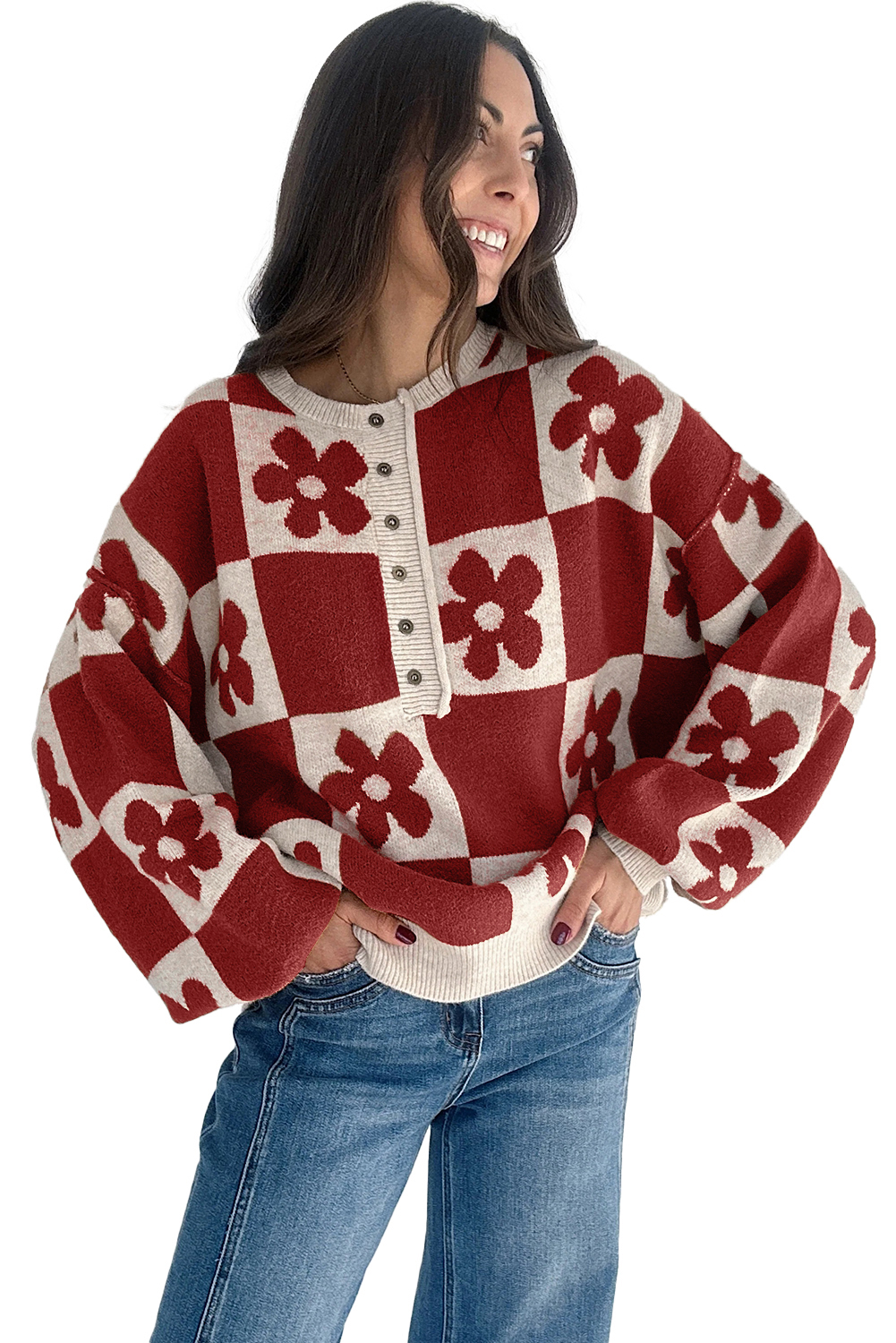 Black Flower Plaid Henley Baggy Sweater - loveforevers