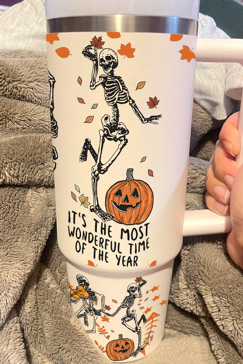 White 1200ml Halloween Dancing Skeleton Pumpkin Face Printed Thermos Cup - loveforevers