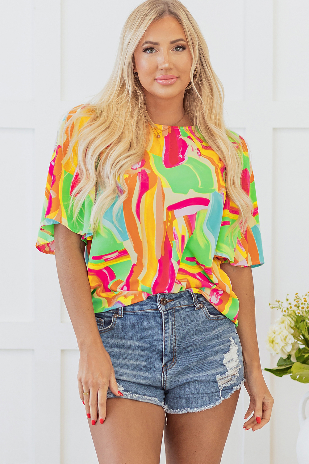 Multicolour Abstract Print Keyhole Back Pleated Half Sleeve Blouse - loveforevers