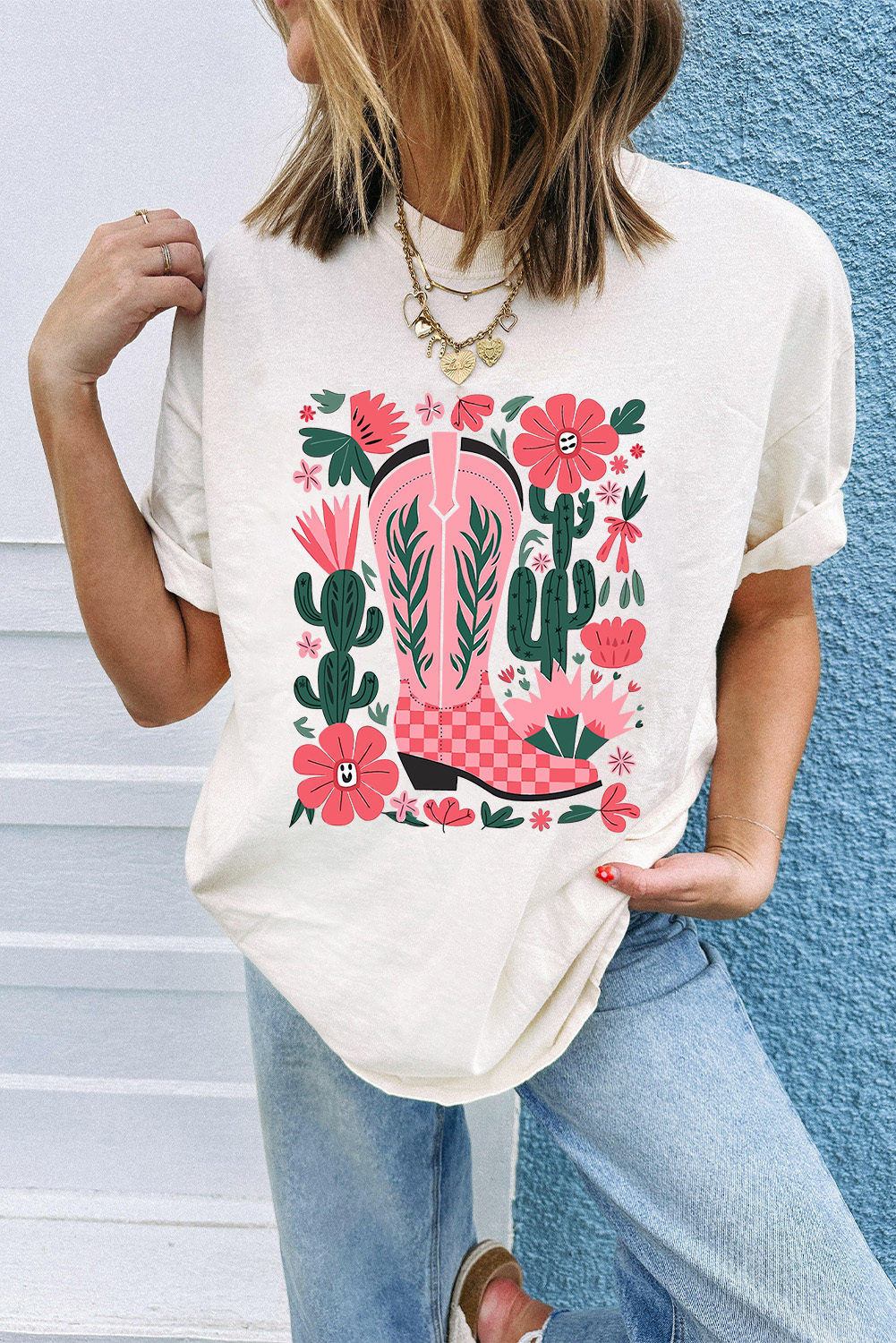 White Western Boots Flower Print Round Neck T Shirt - loveforevers