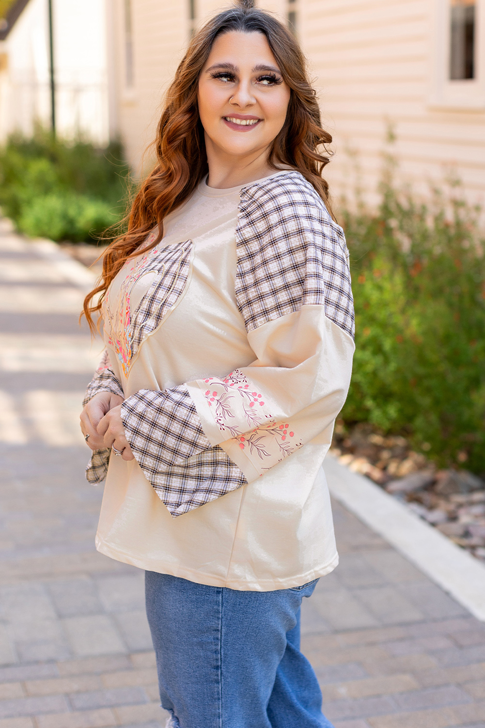 Beige Flower Patch Graphic Exposed Seam Wide Sleeve Top - loveforevers