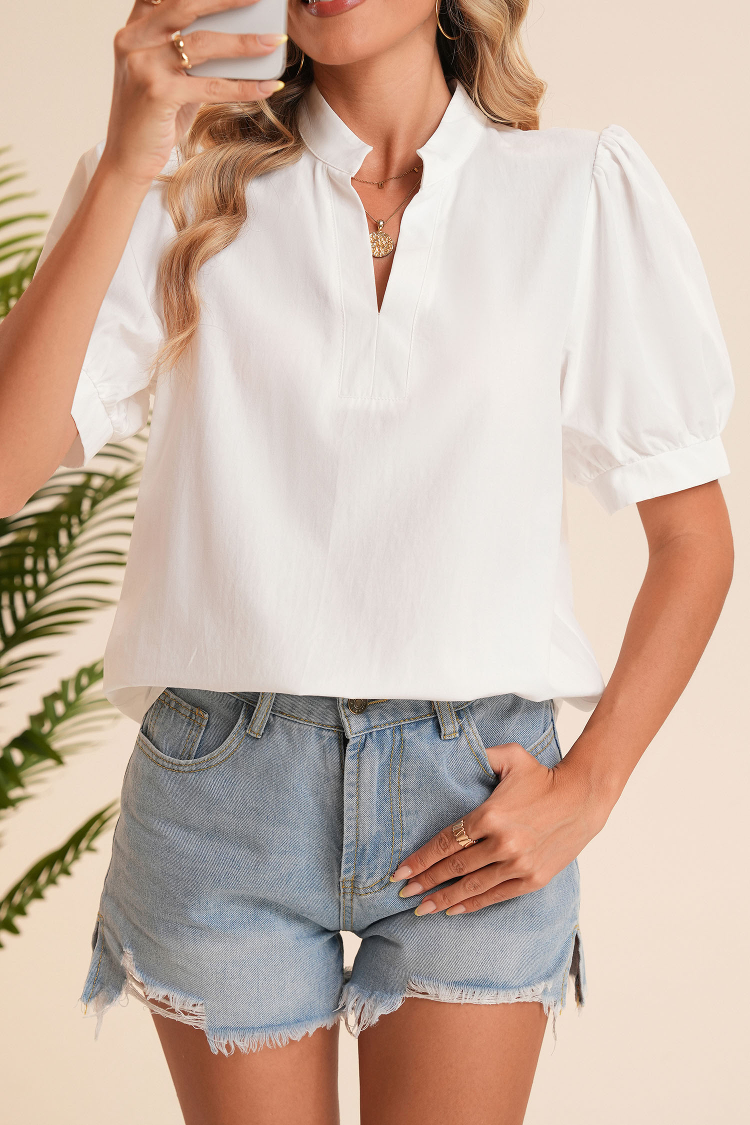 White Notched V Neck Short Puff Sleeve Blank Blouse - loveforevers