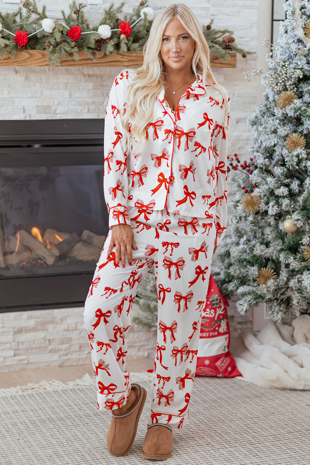 Red Christmas Bow Print Long 2pcs Pajama Set - loveforevers