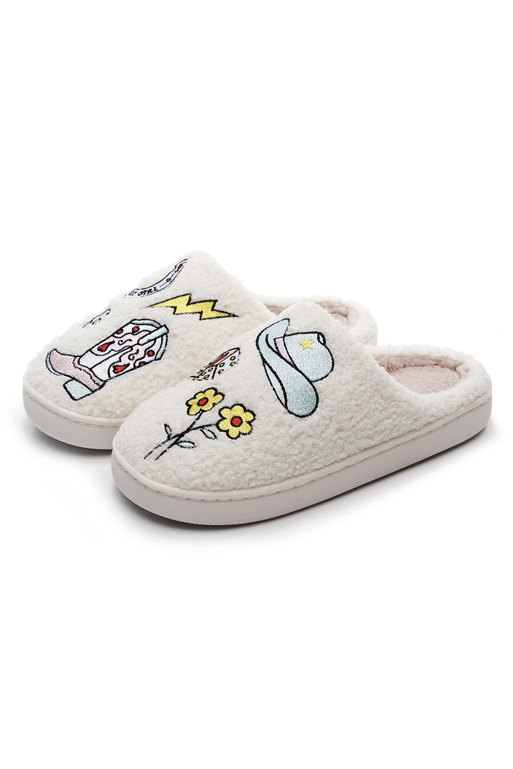 White Asymmetric Embroidered Pattern Cowgirl Plush House Slippers - loveforevers