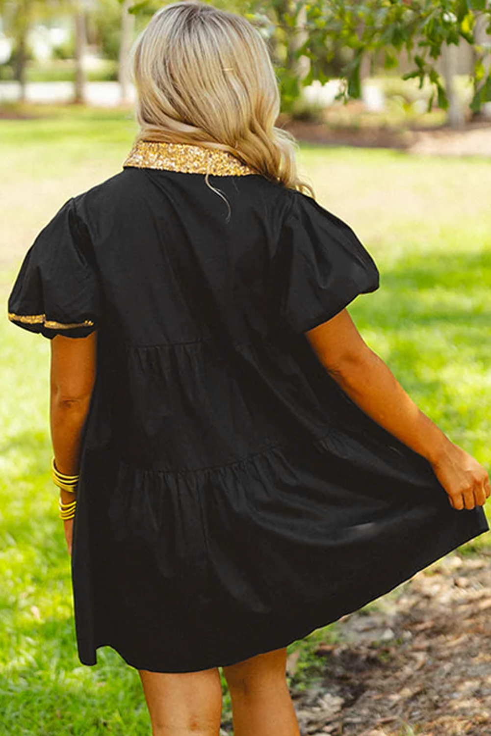Black Sequin Trim Bubble Sleeve Game Day Shirt Dress - loveforevers