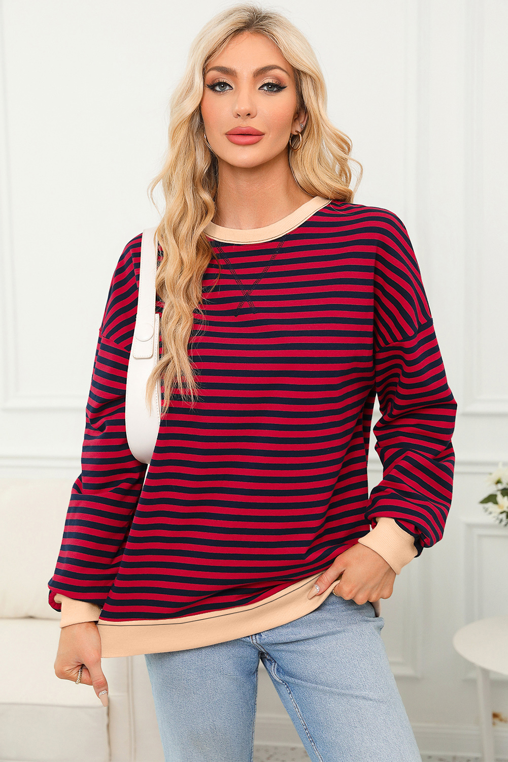 Red Stripe Contrast Ribbed Trim Crossed Stitch Drop Shoulder Sweatshirt - loveforevers