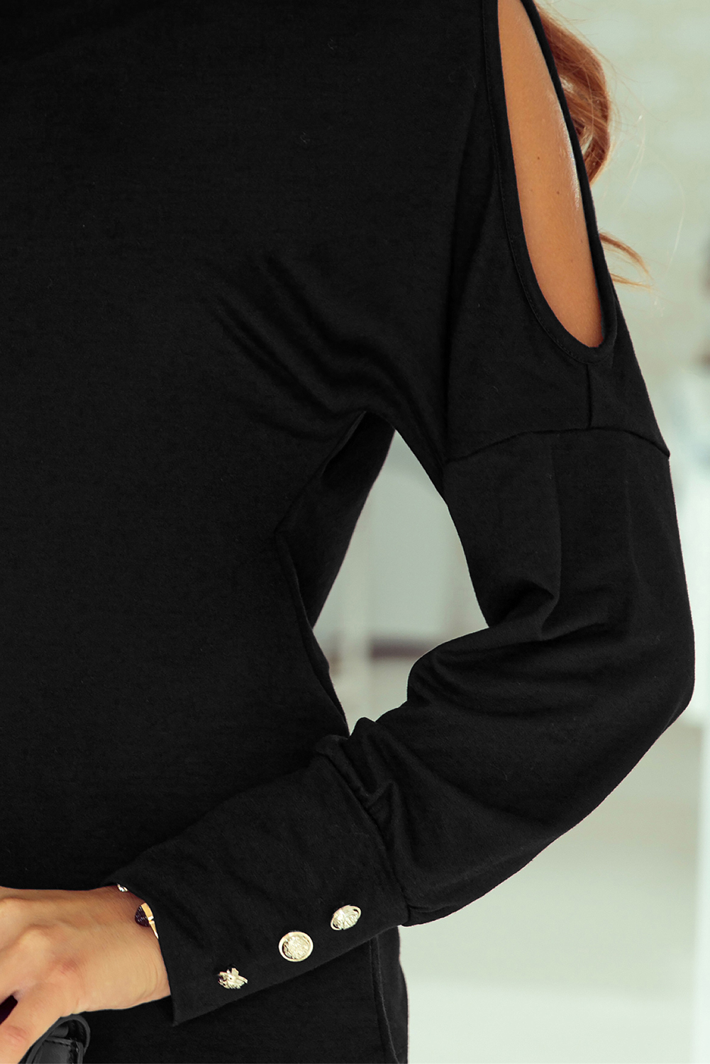 Black Asymmetrical Cut Out Buttoned Long Sleeve Top - loveforevers