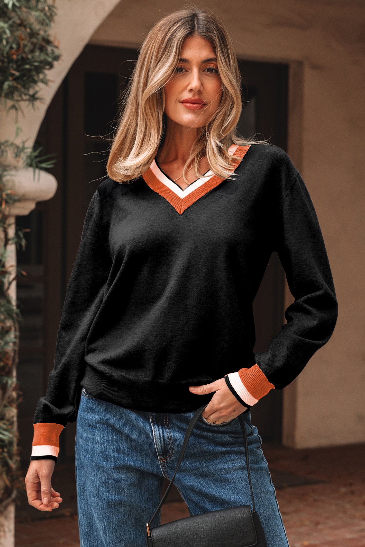 Black Contrast Striped Trim V Neck Varsity Sweater - loveforevers