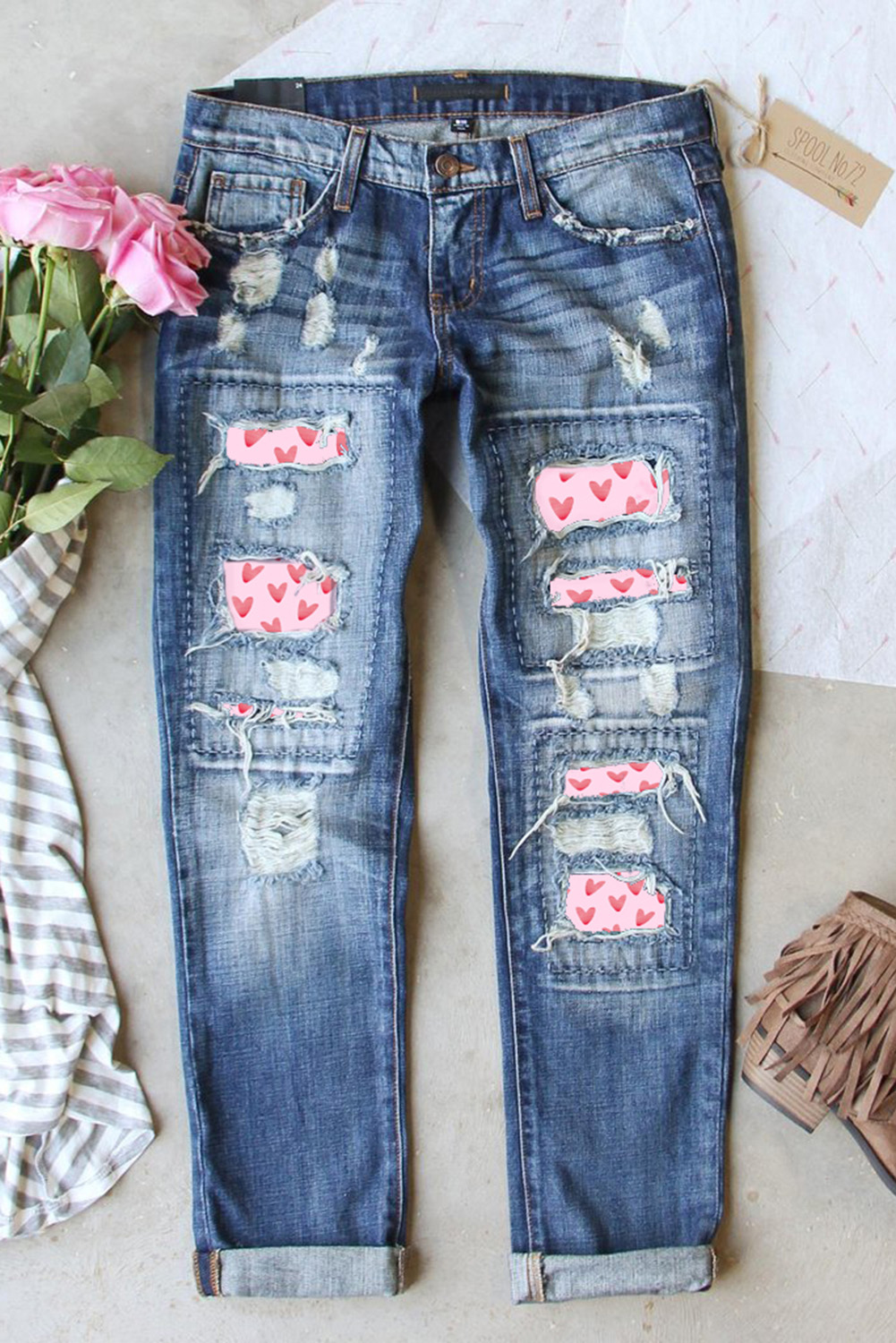 Sky Blue Valentines Day Heart Patchwork Jeans - loveforevers
