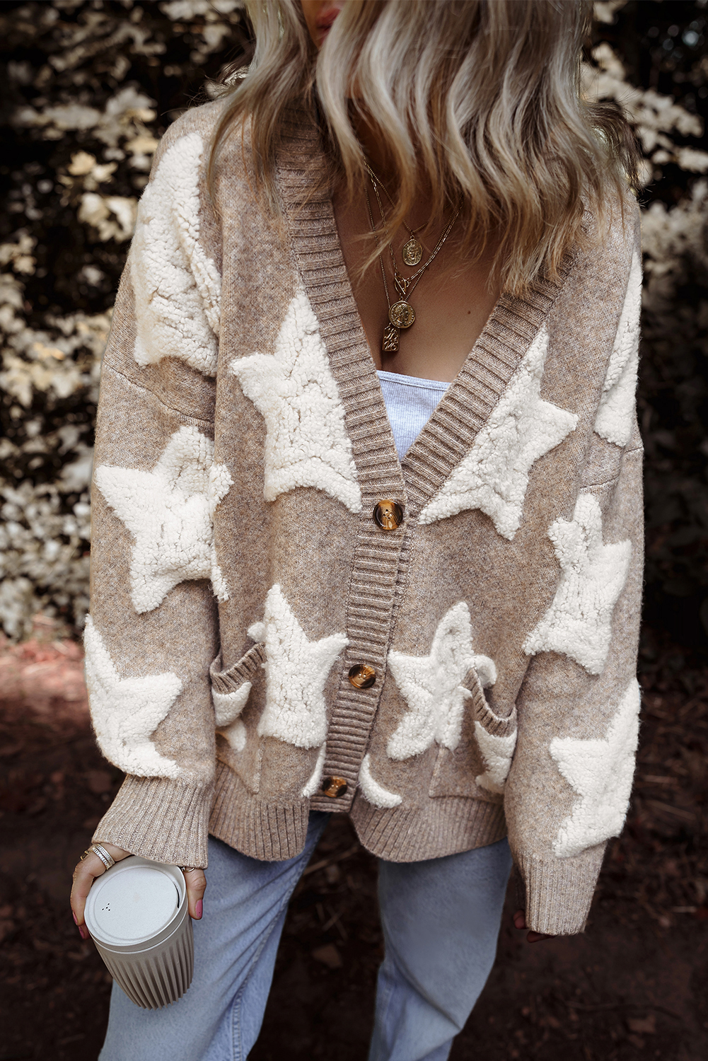 Khaki Sherpa Star Pattern Textured Sweater Cardigan with Pockets - loveforevers