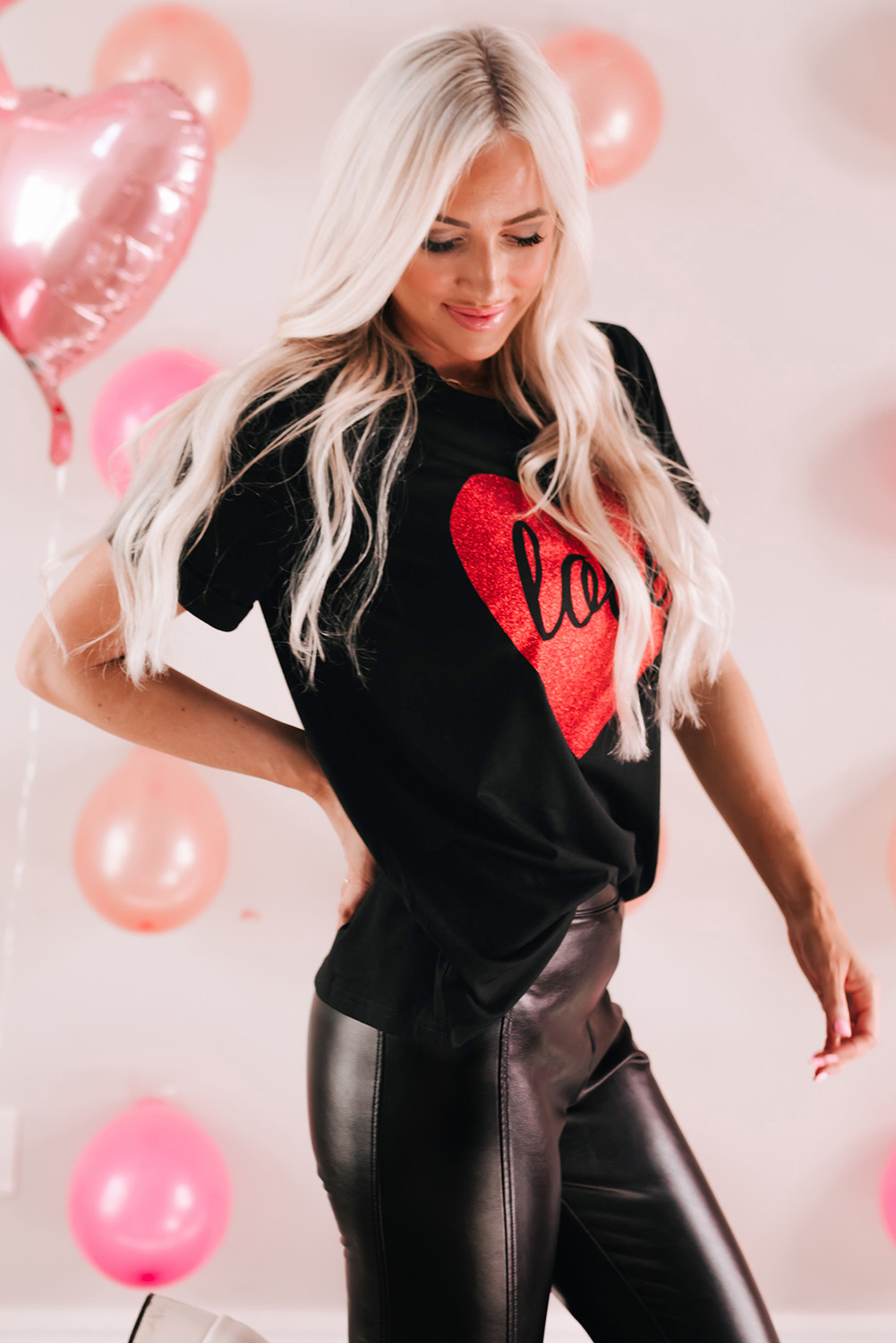 Black Love Heart Shaped Glitter Print T Shirt - loveforevers