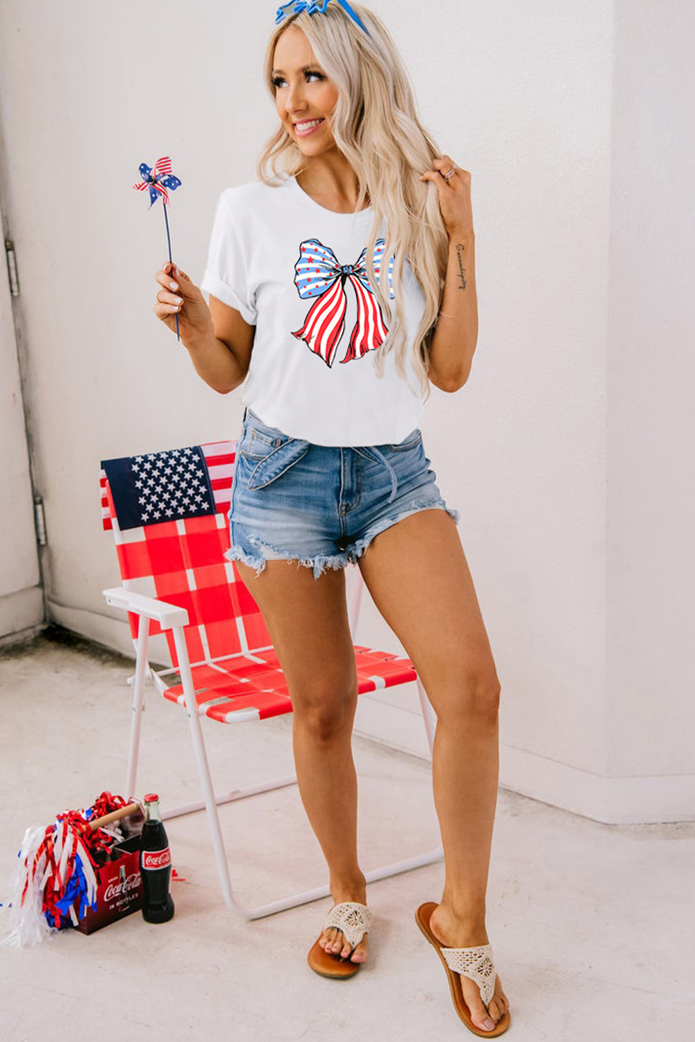 Khaki American Flag Bow Knot Print Round Neck T Shirt - loveforevers