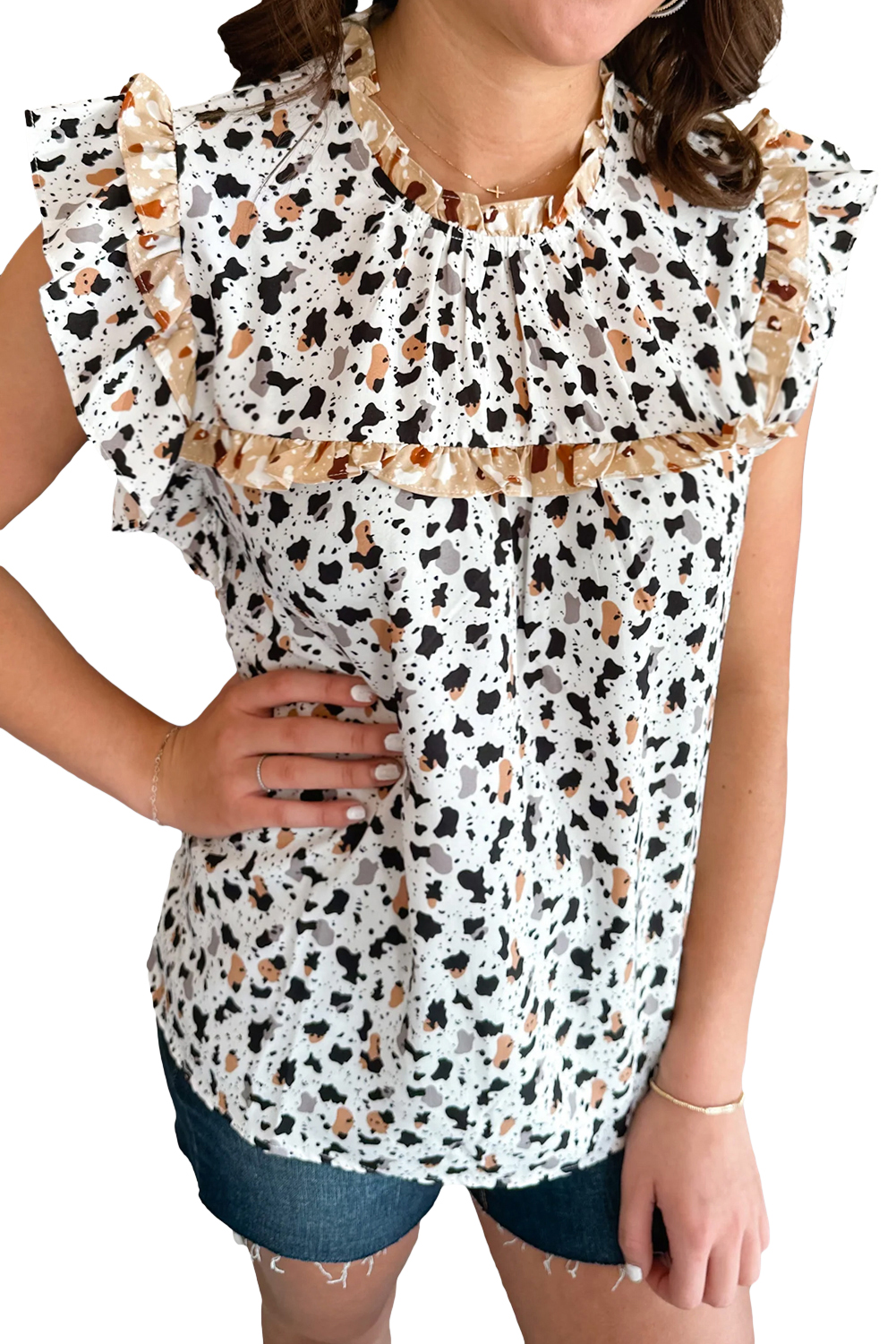 White Frilly Trim Leopard Animal Spots Blouse - loveforevers