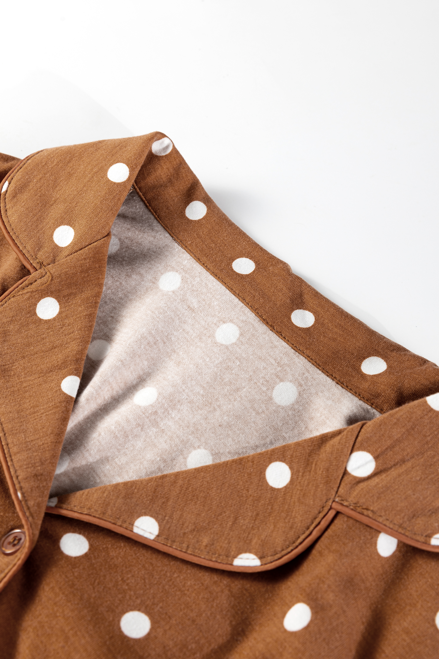 Brown Polka Dot Print Long Sleeve Shirt Pant 2pcs Pajama Set - loveforevers