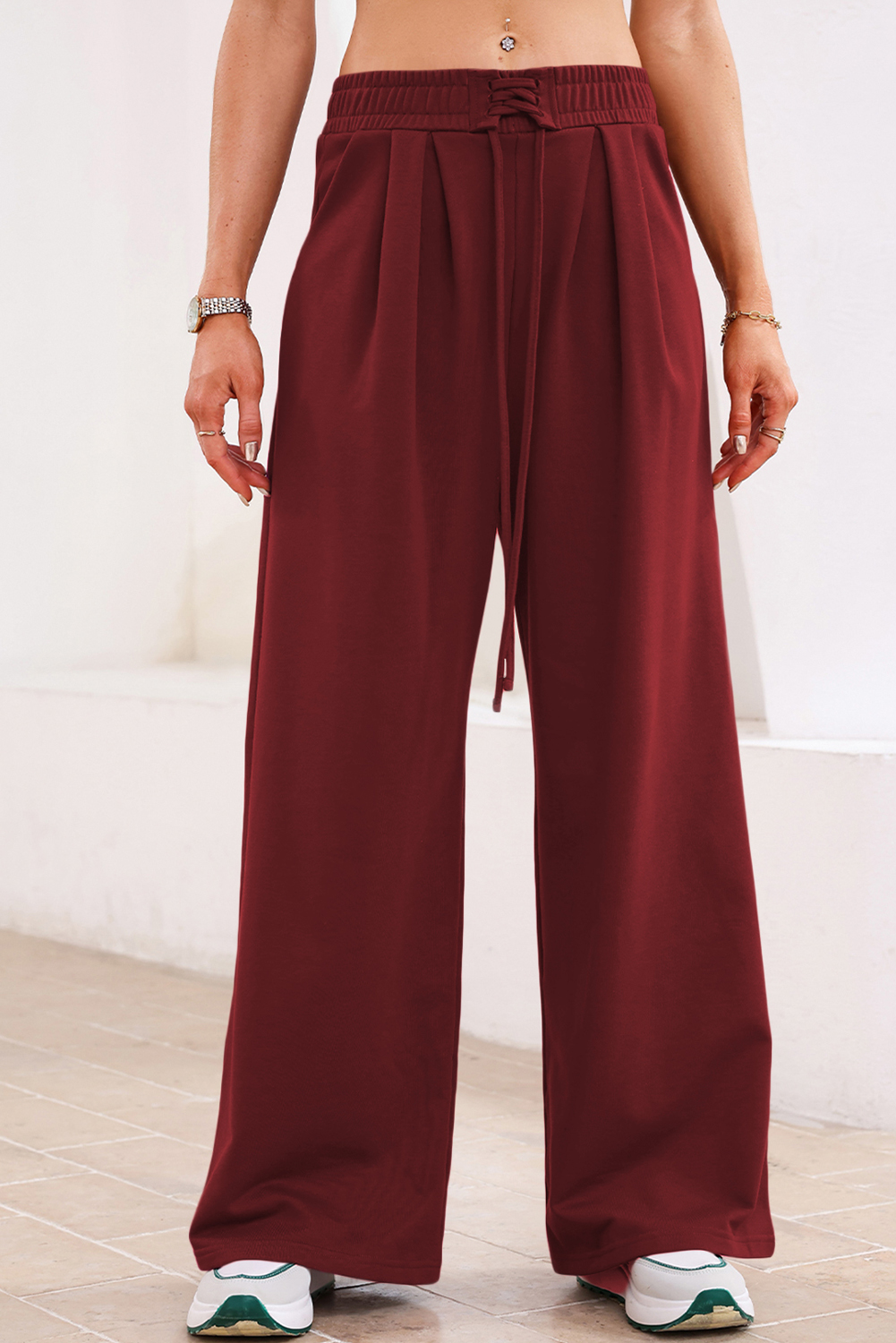 Burgundy Tied Elastic High Waist Pleated Detail Solid Sweatpants - loveforevers