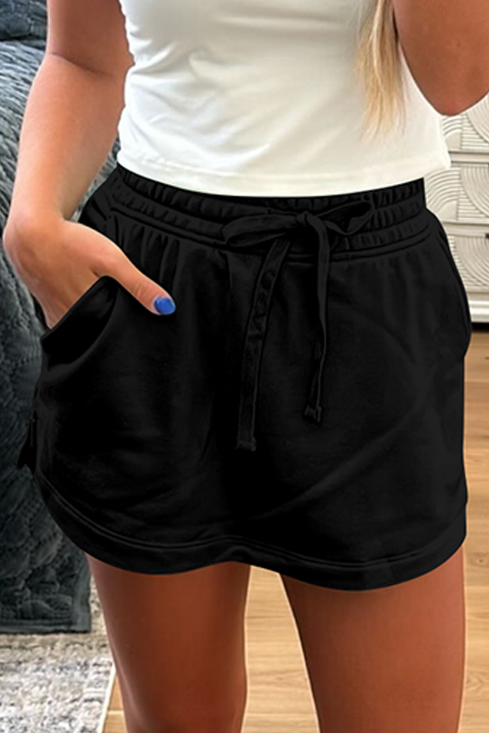 Black French Terry Drawstring Elastic Waistband Mini Skort with Pockets - loveforevers