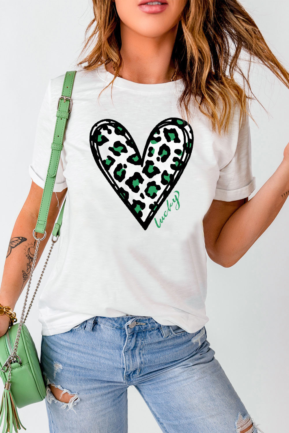 White Lucky Leopard Heart Print St Patricks Day T Shirt - loveforevers