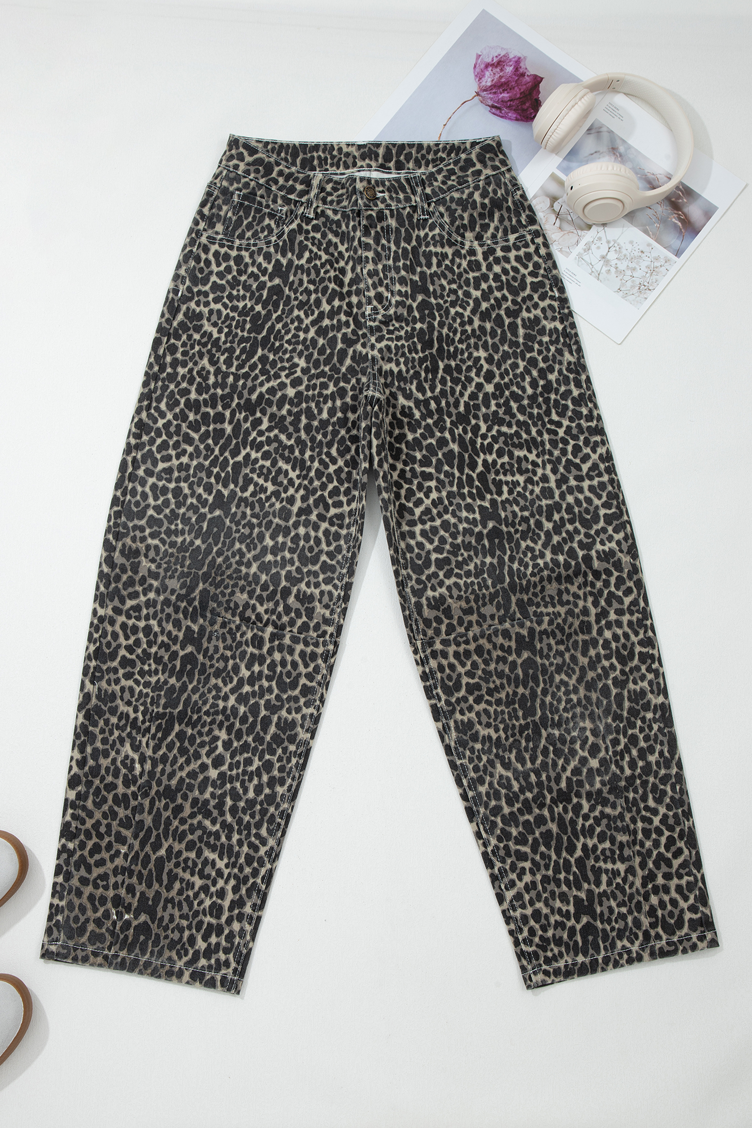 Black Leopard Print High Waist Barrel Jeans - loveforevers