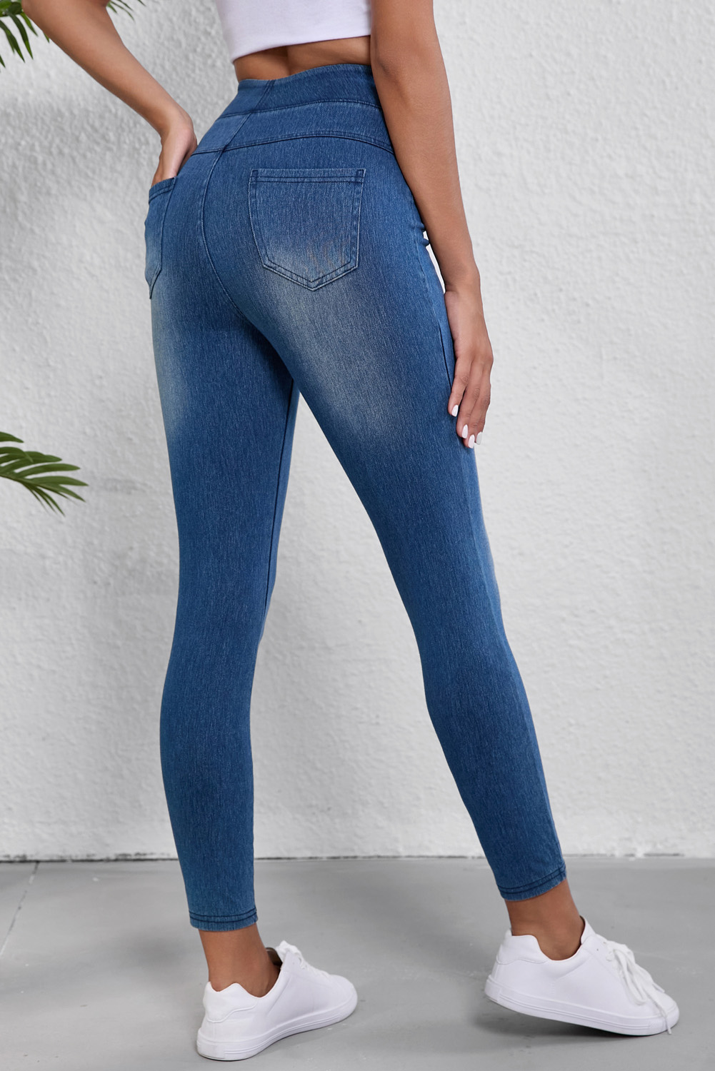 Navy Blue Skinny Elastic Waist Ankle Length Mid Waist Jeggings with Pockets - loveforevers