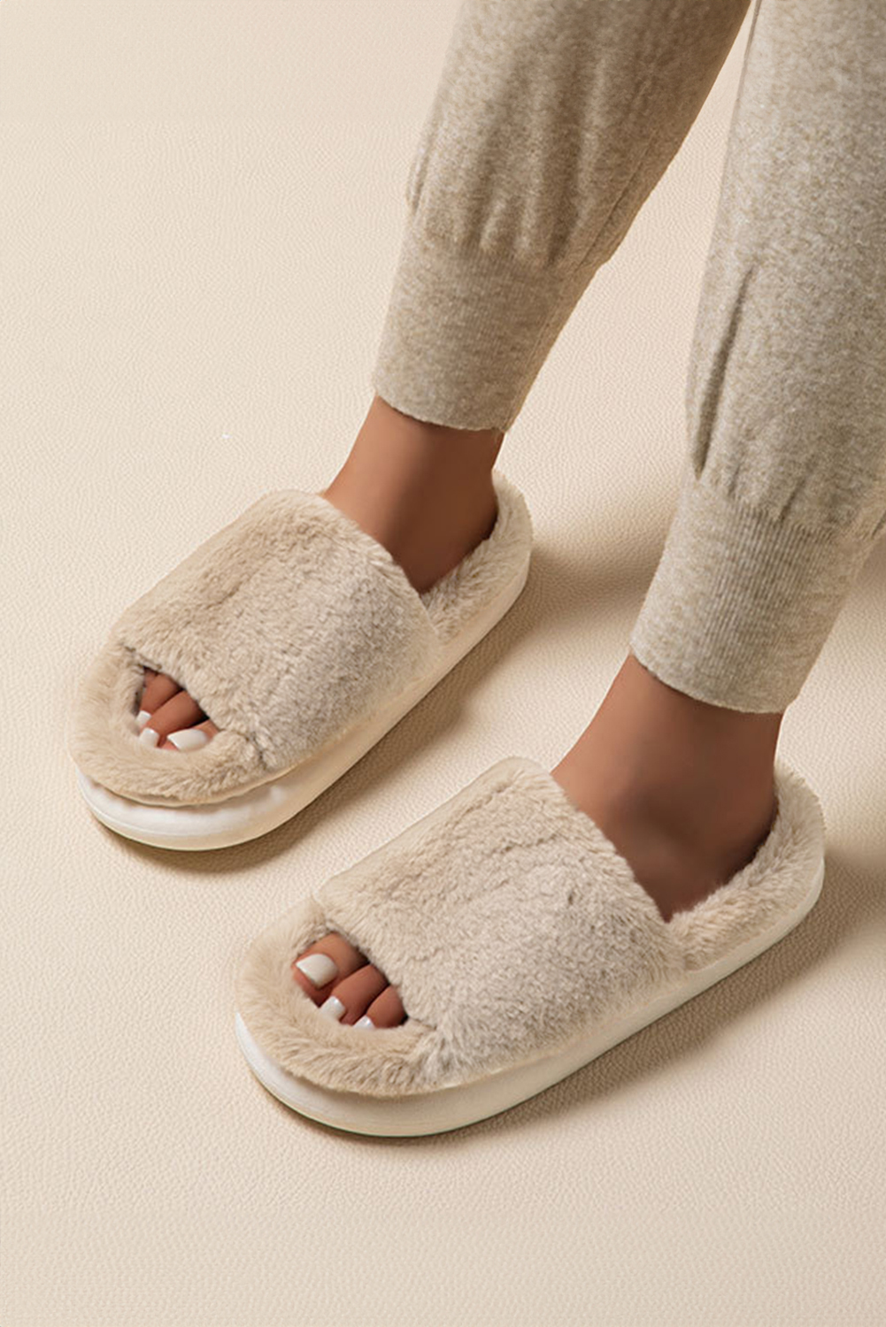 Chestnut Furry Open Toe Thick Sole Slippers - loveforevers