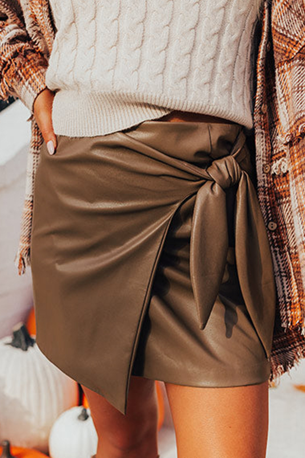 Coffee Bowknot Faux Leather Mini Skirt - loveforevers