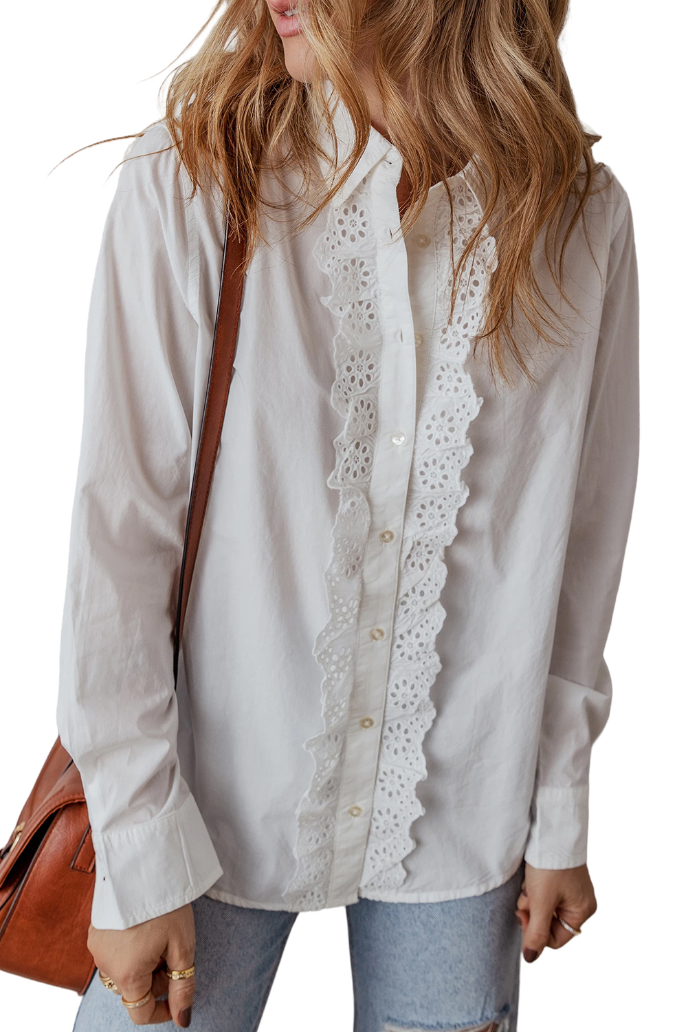 White Lace Crochet Trim Turn Down Collar Buttoned Shirt - loveforevers