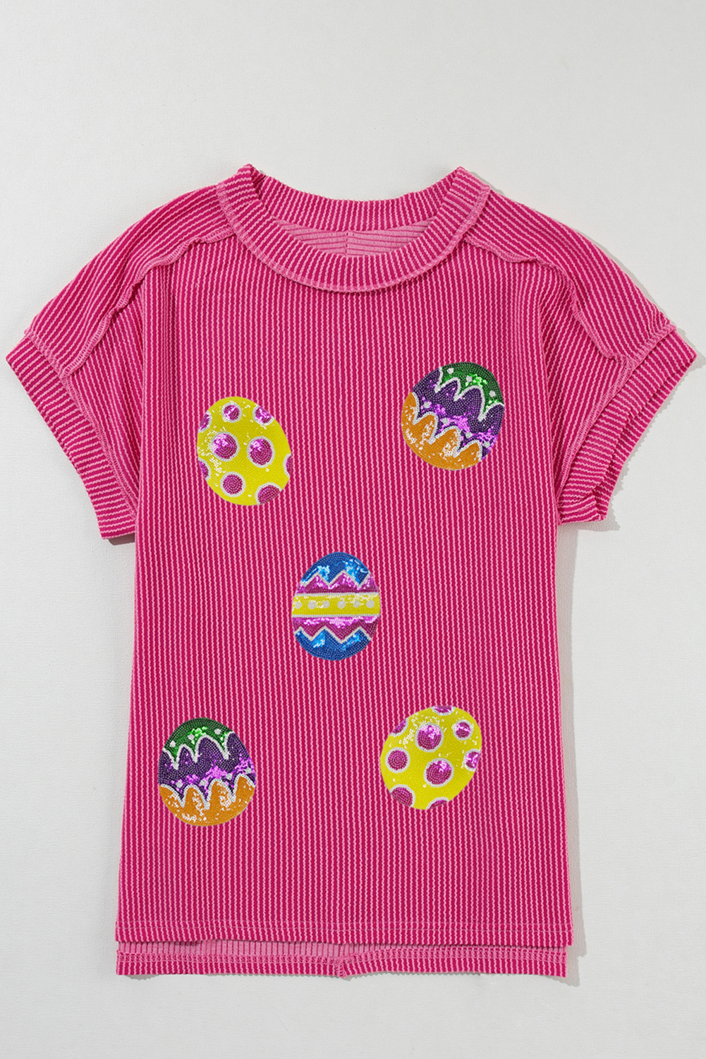 Rose Red Sequin Easter Egg Patched Graphic Crewneck Ribbed Tee - loveforevers