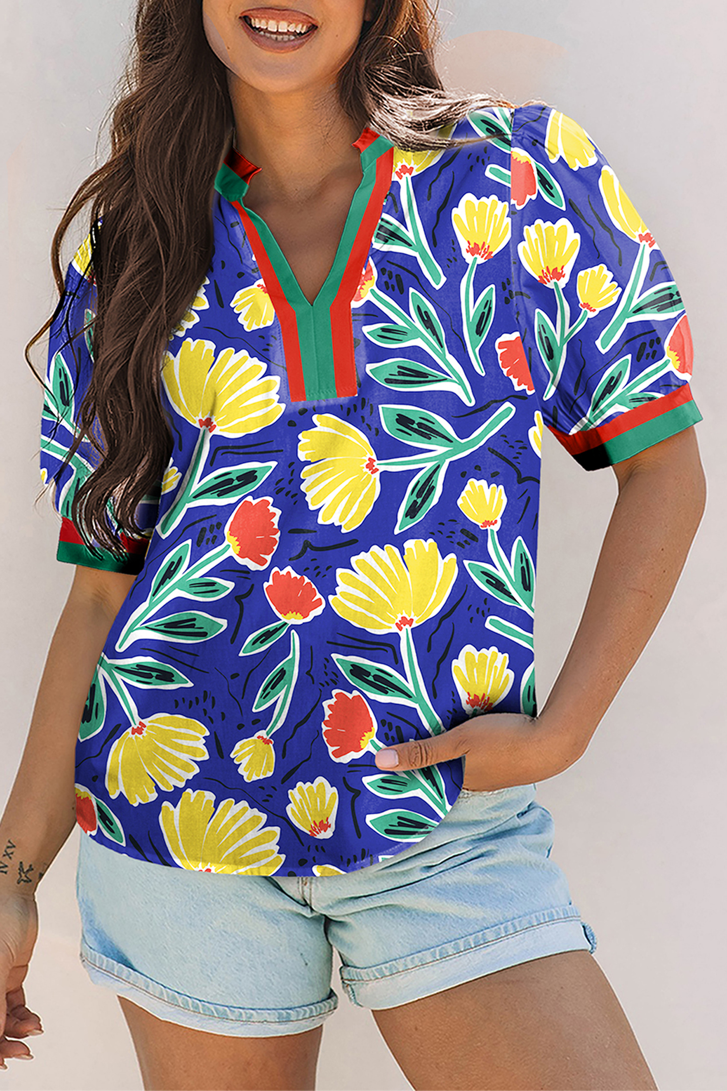 Blue Wild Floral Printed Contrast Striped Patchwork V Neck Short Sleeve Blouse - loveforevers