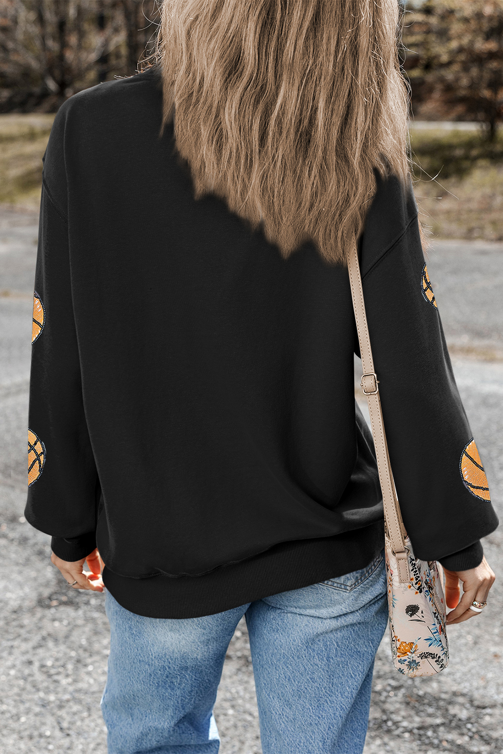 Black Sequin Basketball Patched Graphic Game Day T Shirt - loveforevers