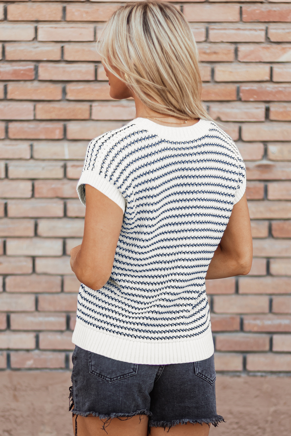 Blue Stripe Ribbed Trim Loose Fit Knitted Sweater Vest - loveforevers