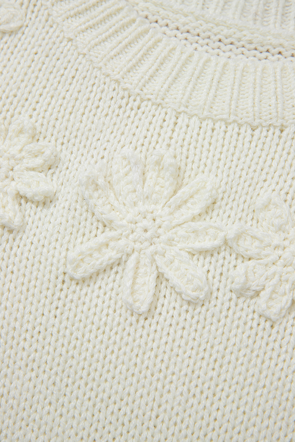 White Flower Detail Round Neck Contrast Textured Puff Sleeve Sweater - loveforevers