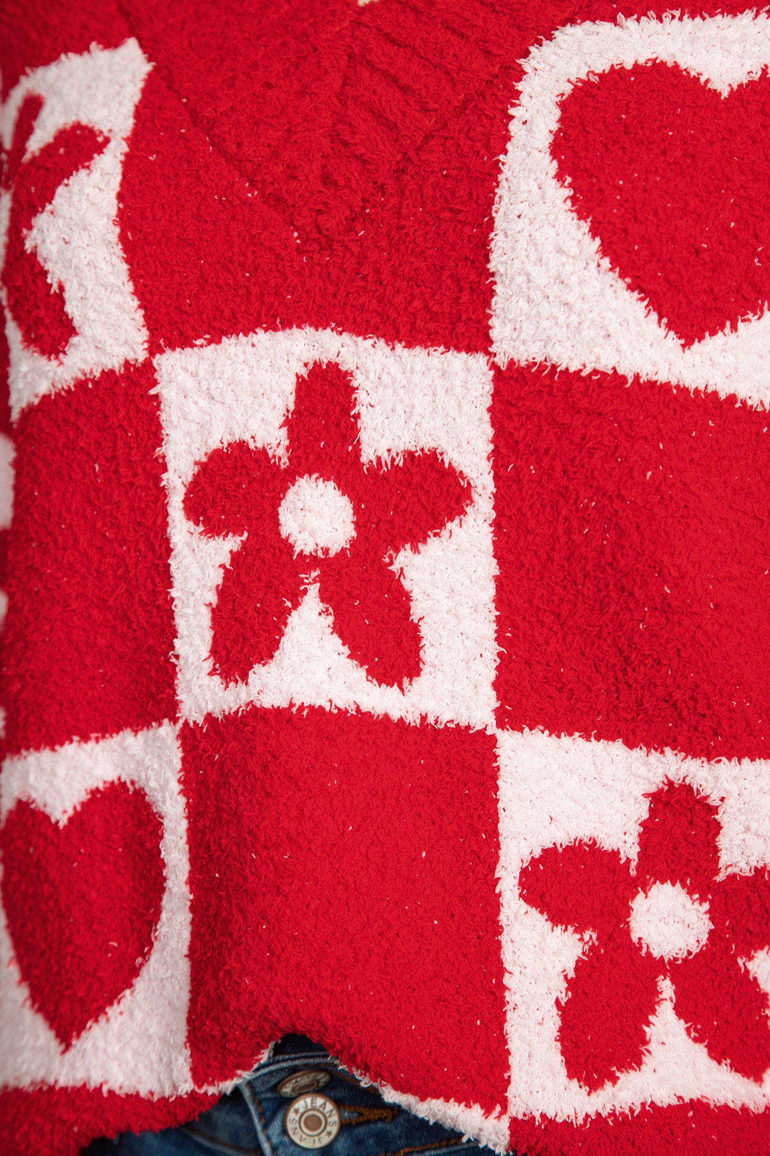 Fiery Red V Neck Flower Heart Detail Checkered Knit Loose Sweater - loveforevers