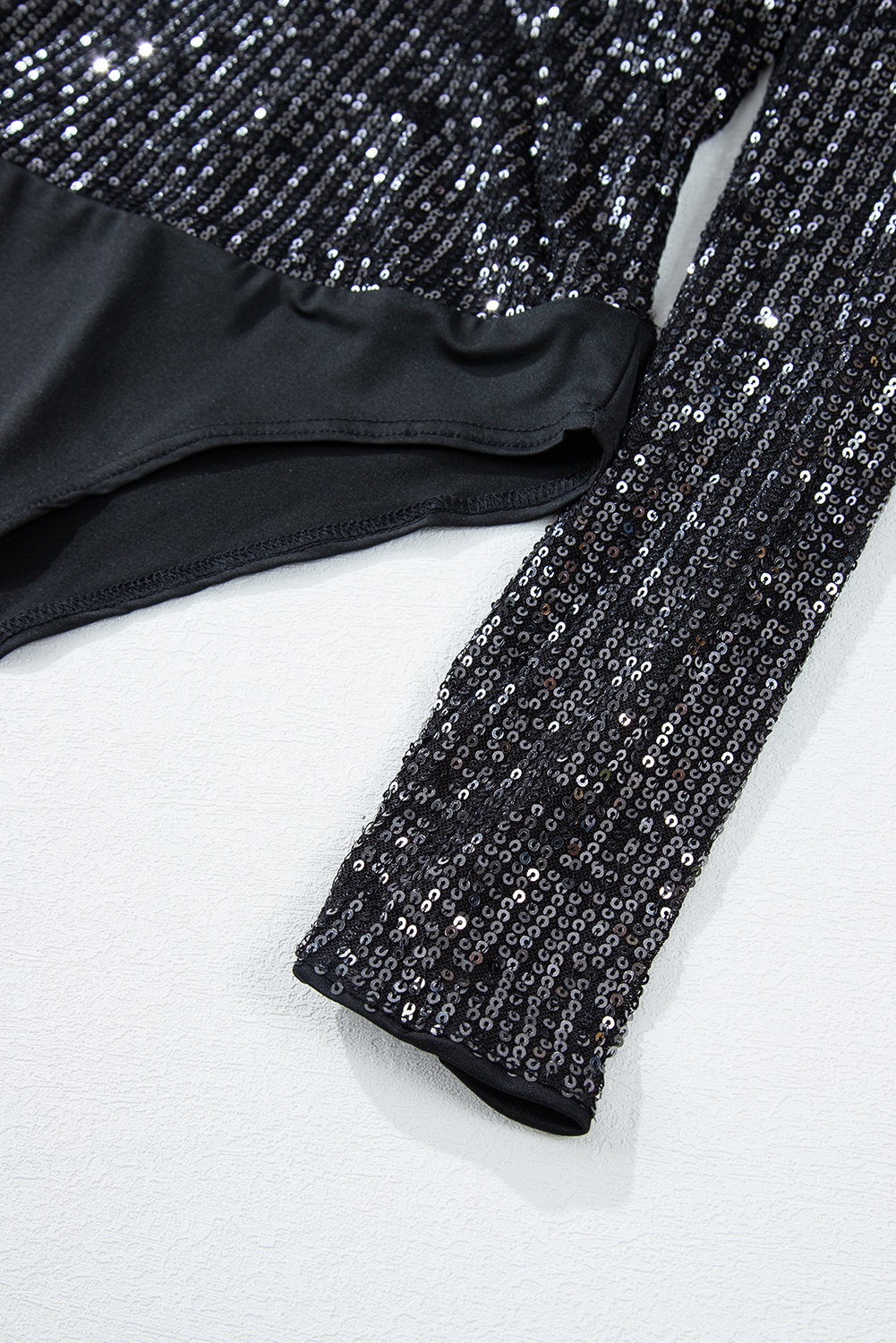 Black Sequin V Neck Zipped Long Sleeve Bodysuit - loveforevers