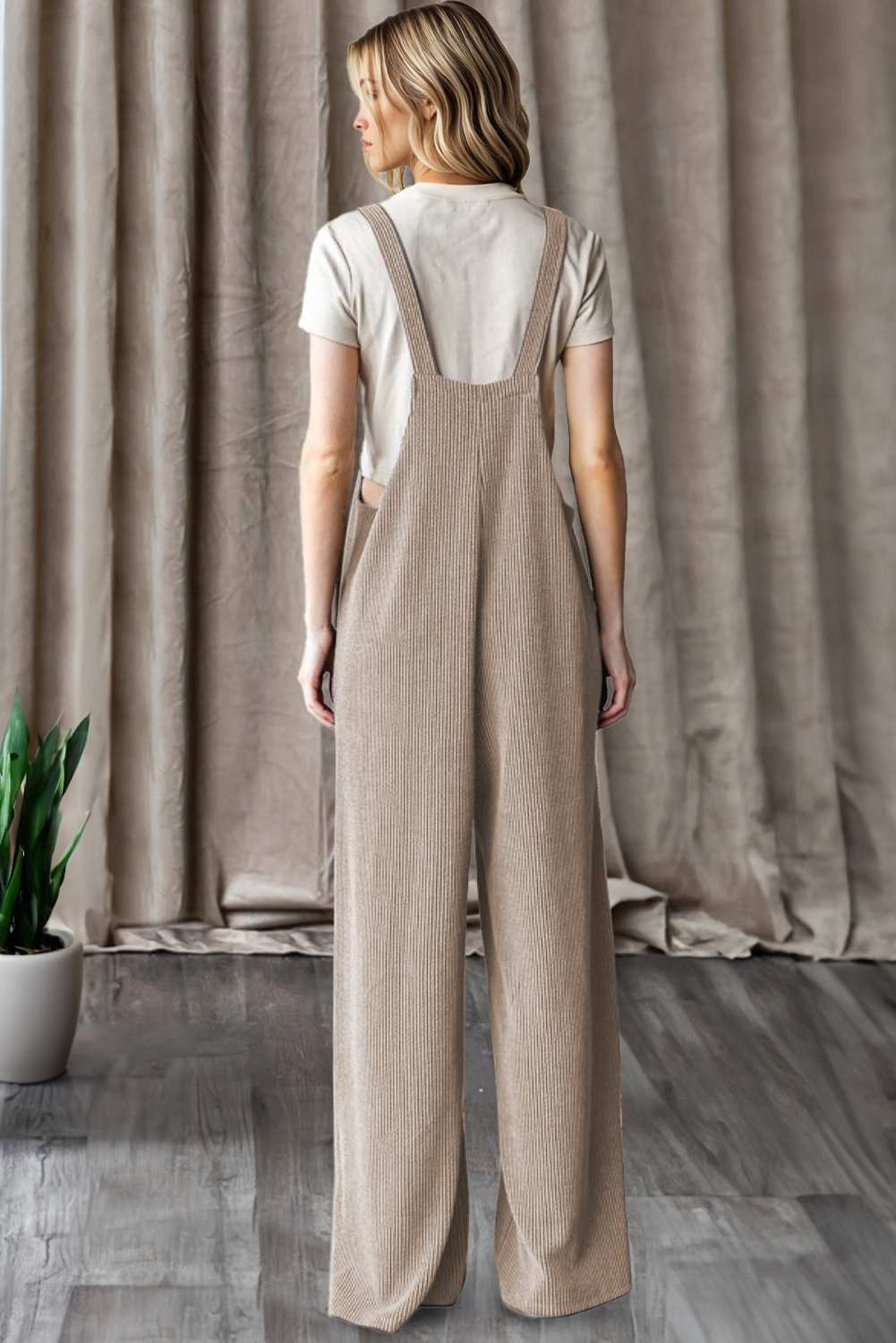 Dark Grey Ribbed Knit Patched Pocket Wide Leg Overalls - loveforevers