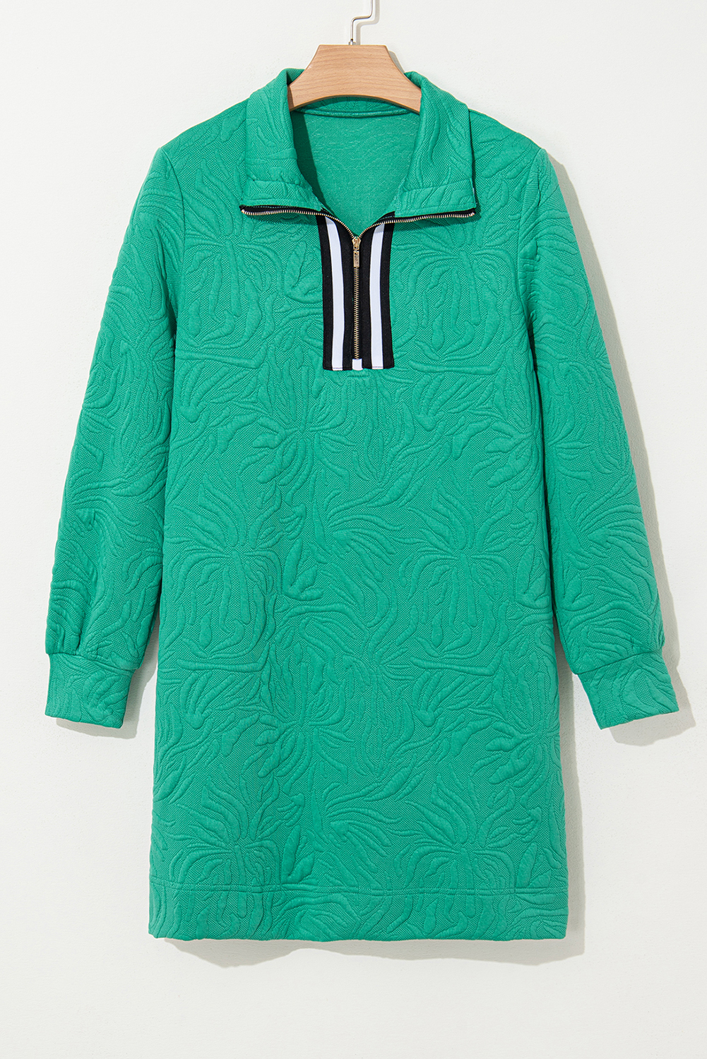 Sea Green Jacquard Textured Quarter Zipper Shift Mini Dress - loveforevers