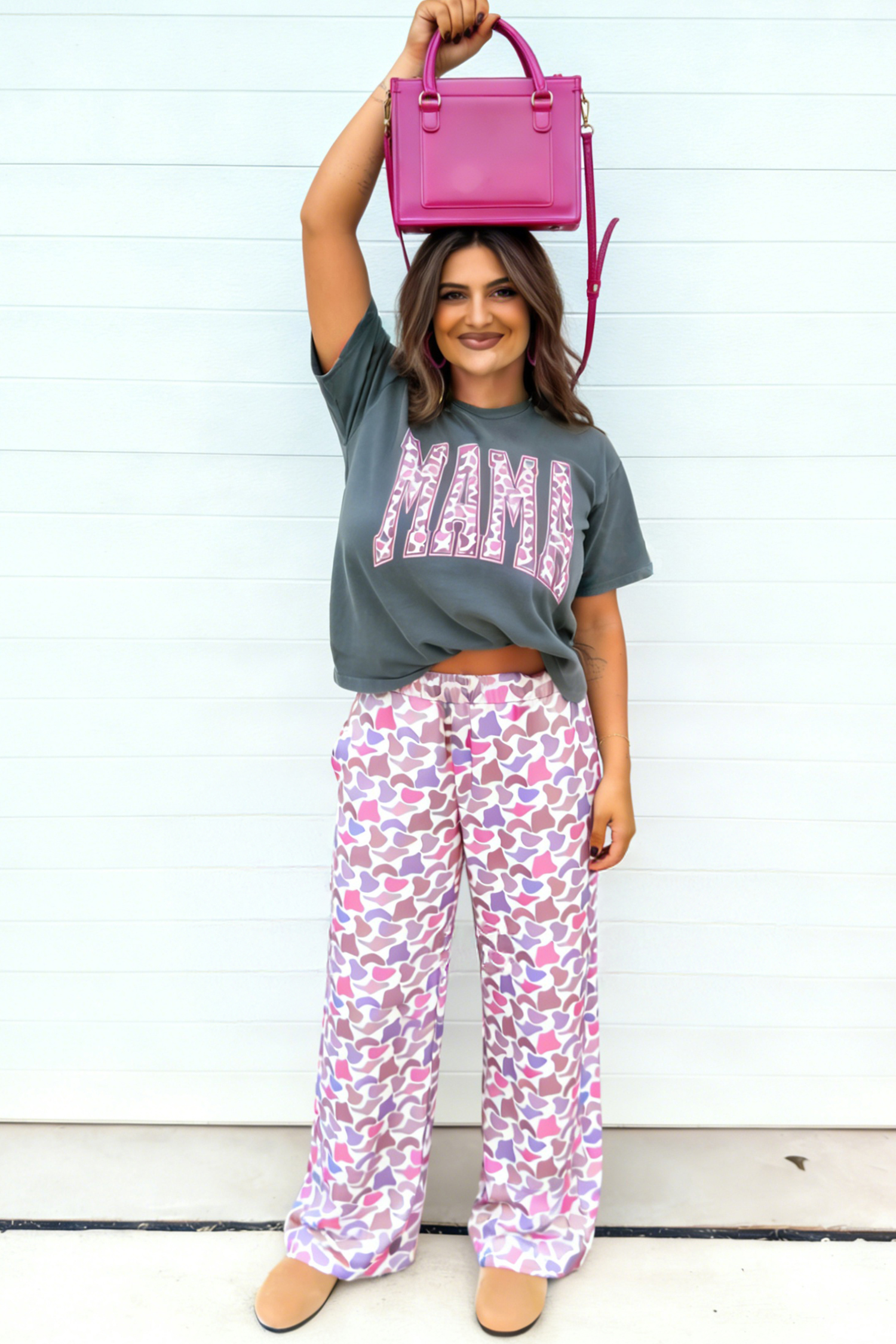 Medium Grey MAMA Letter Graphic Tee Camouflage Print Loose Pant Set - loveforevers