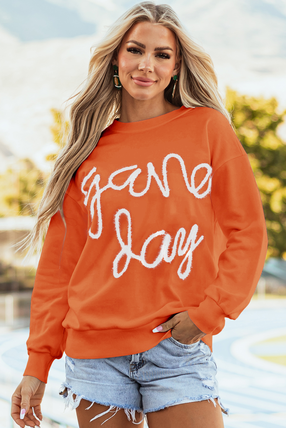 Russet Orange Tinsel Game Day Drop Shoulder Graphic Sweatshirt - loveforevers