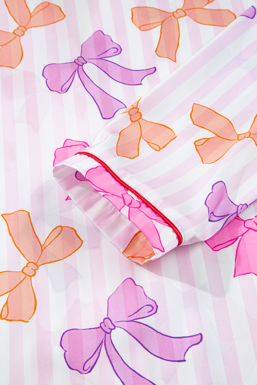 Pink Striped Bow Print Contrast Piping Trim Shirt and Pants 2pcs Pajama Set - loveforevers