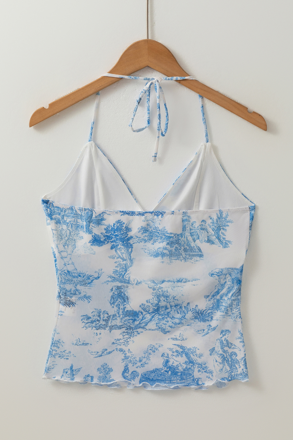 Sky Blue Random Printed Mesh Bow Detail Halterneck Tank Top - loveforevers