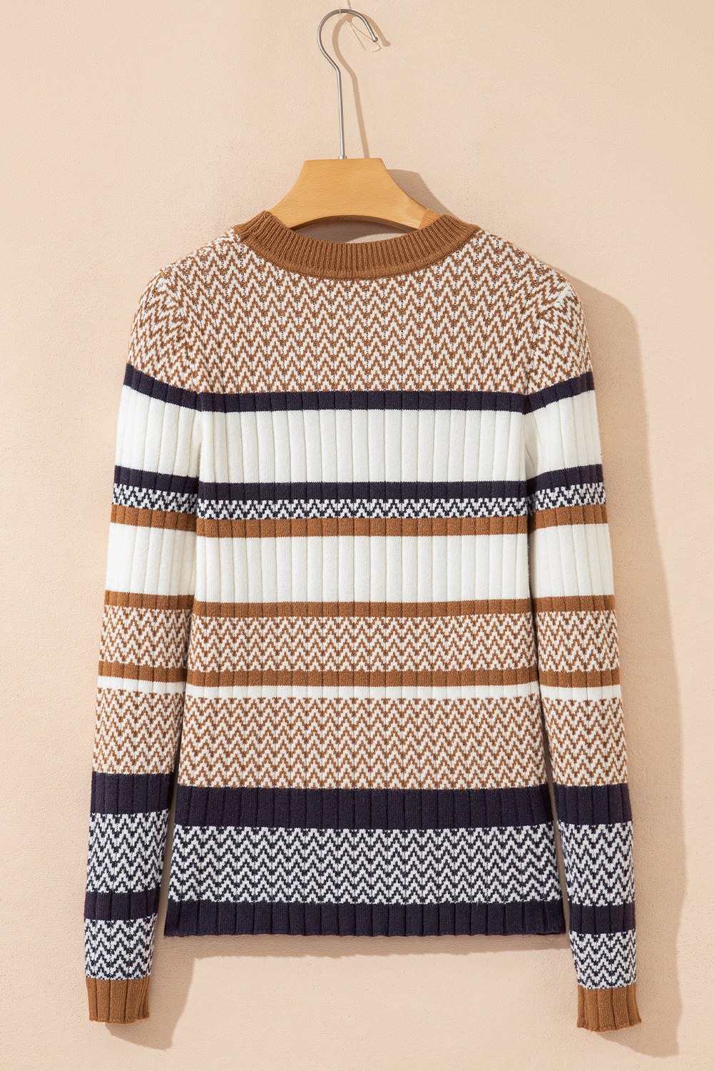 Brown Stripe Stylish Pattern Knitted Ribbed Trim Slim Sweater - loveforevers