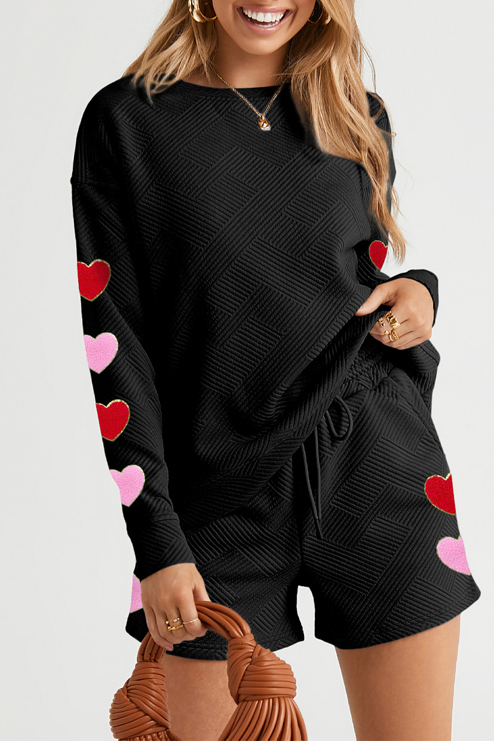 Black Heart Patch Long Sleeve Top and Shorts Textured 2pcs Set - loveforevers