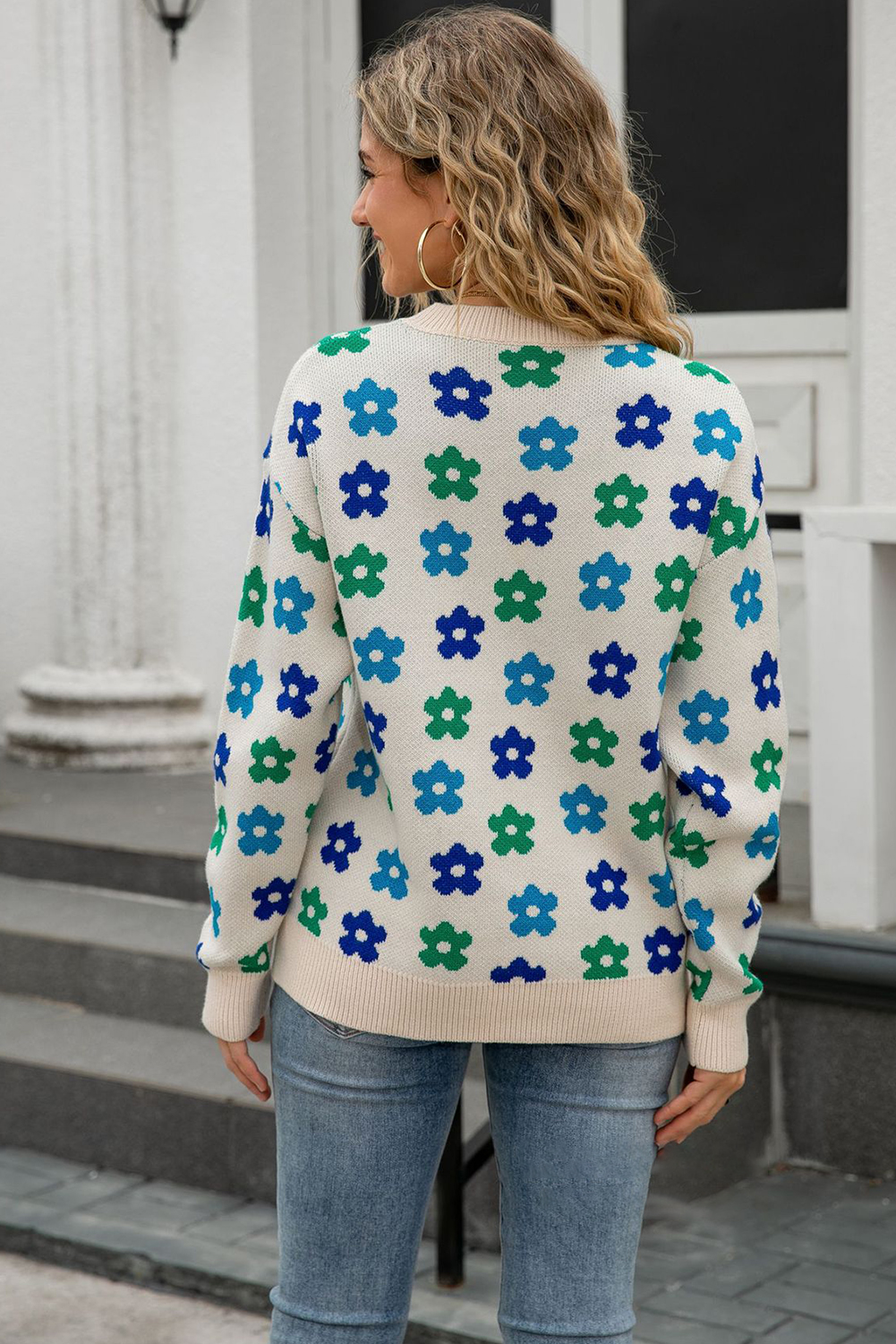Apricot Cute Flower Allover Ribbed Trimmed Drop Shoulder Pullover Sweater - loveforevers