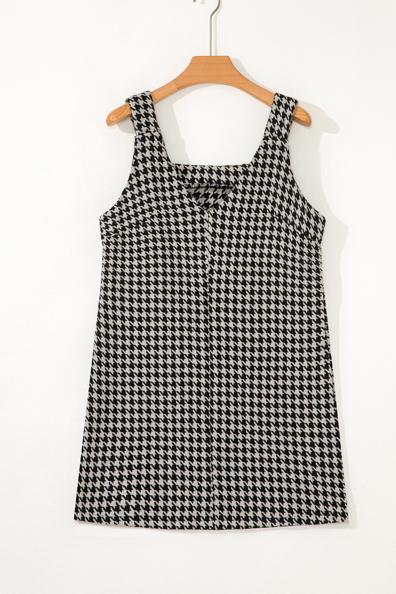 Khaki Houndstooth Print V Neck Sleeveless Mini Dress - loveforevers