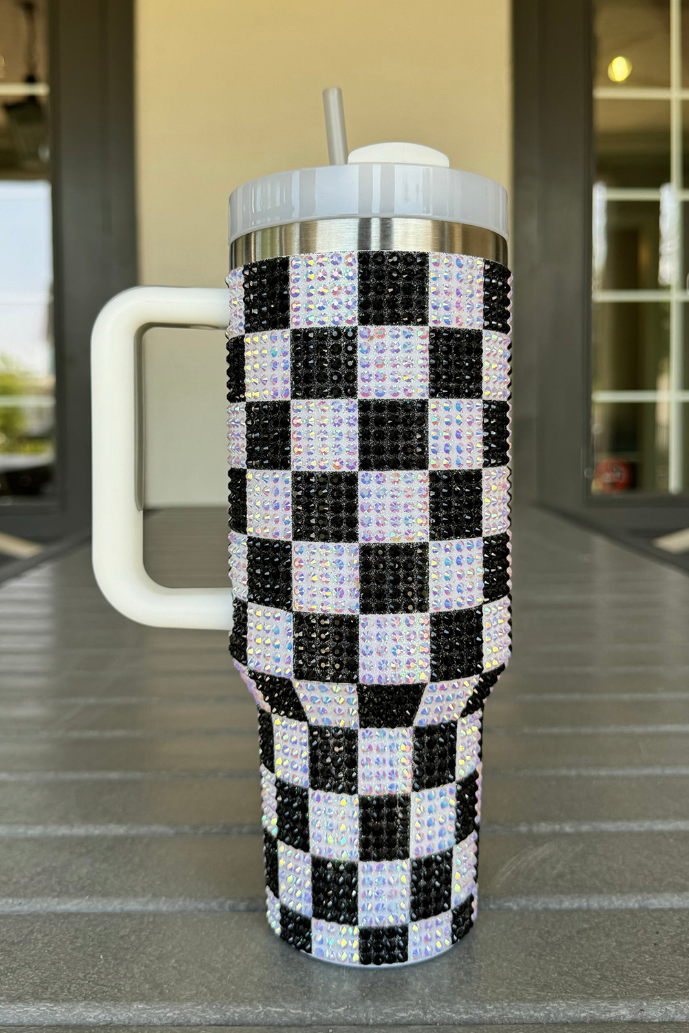 Black Full Rhinestone Checkerboard Handled Tumbler 40oz - loveforevers