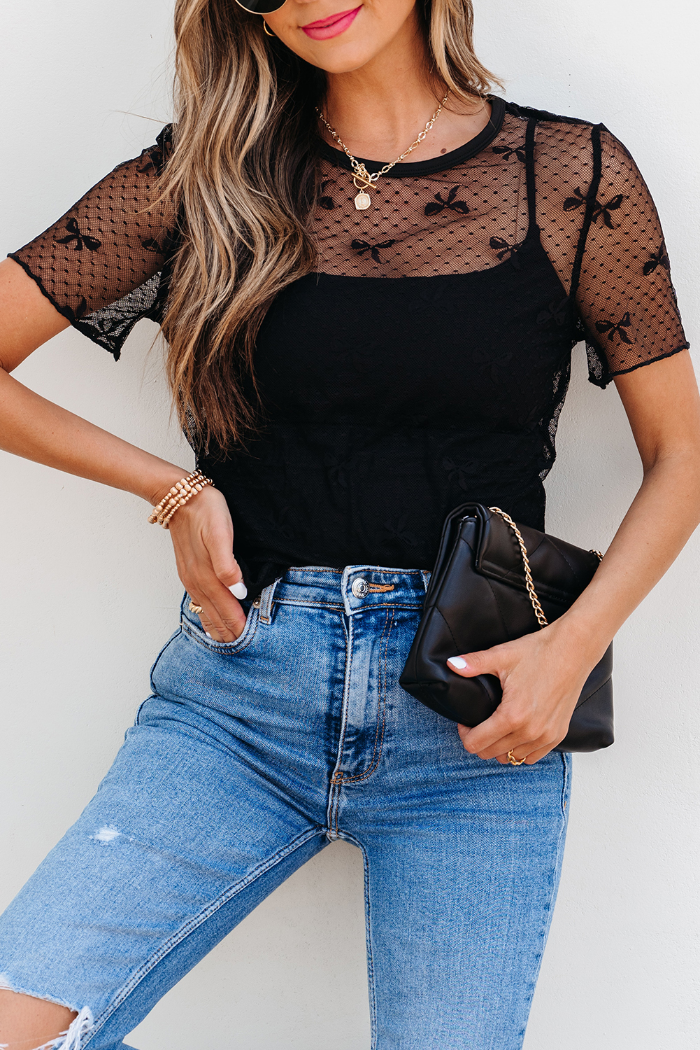 Black Bow Knot Dotted See-through Mesh Patched Slim Fit Blouse - loveforevers