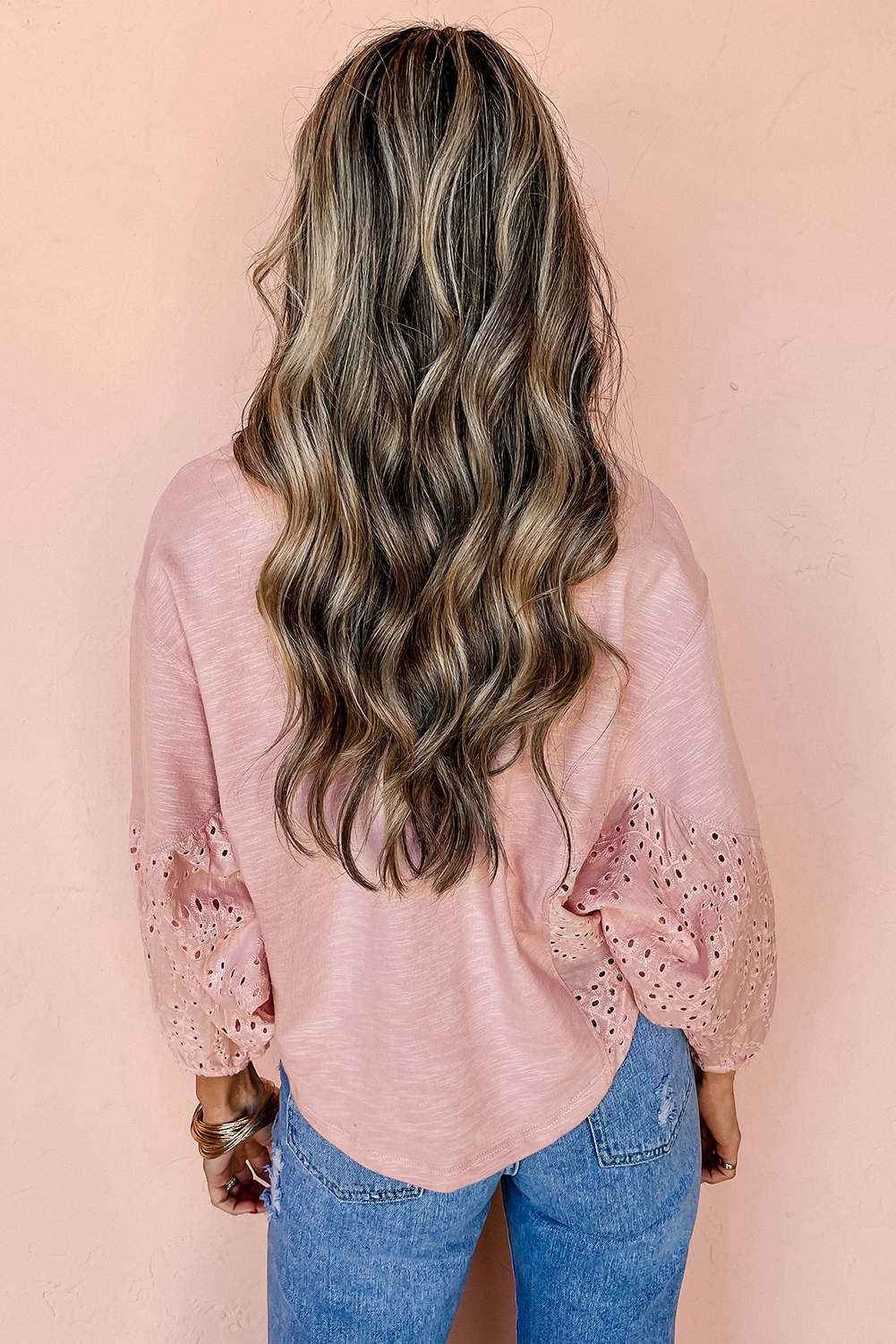 Light Pink Keyhole Notch V Neck Batwing Sleeve Blouse - loveforevers