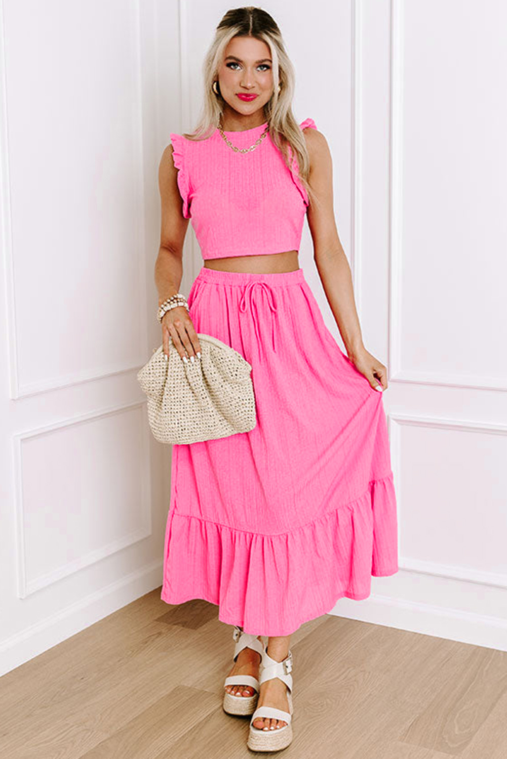 Bonbon Textured Ruffle Trim Crop Vest Lace-up Long Skirt Set - loveforevers