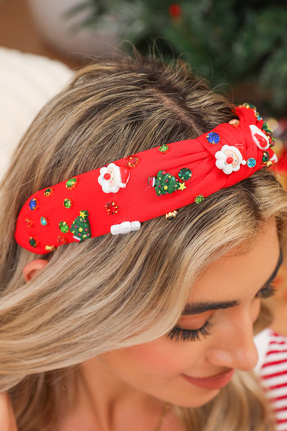 Fiery Red Cartoon Christmas Pattern Rhinestone Knotted Headband - loveforevers