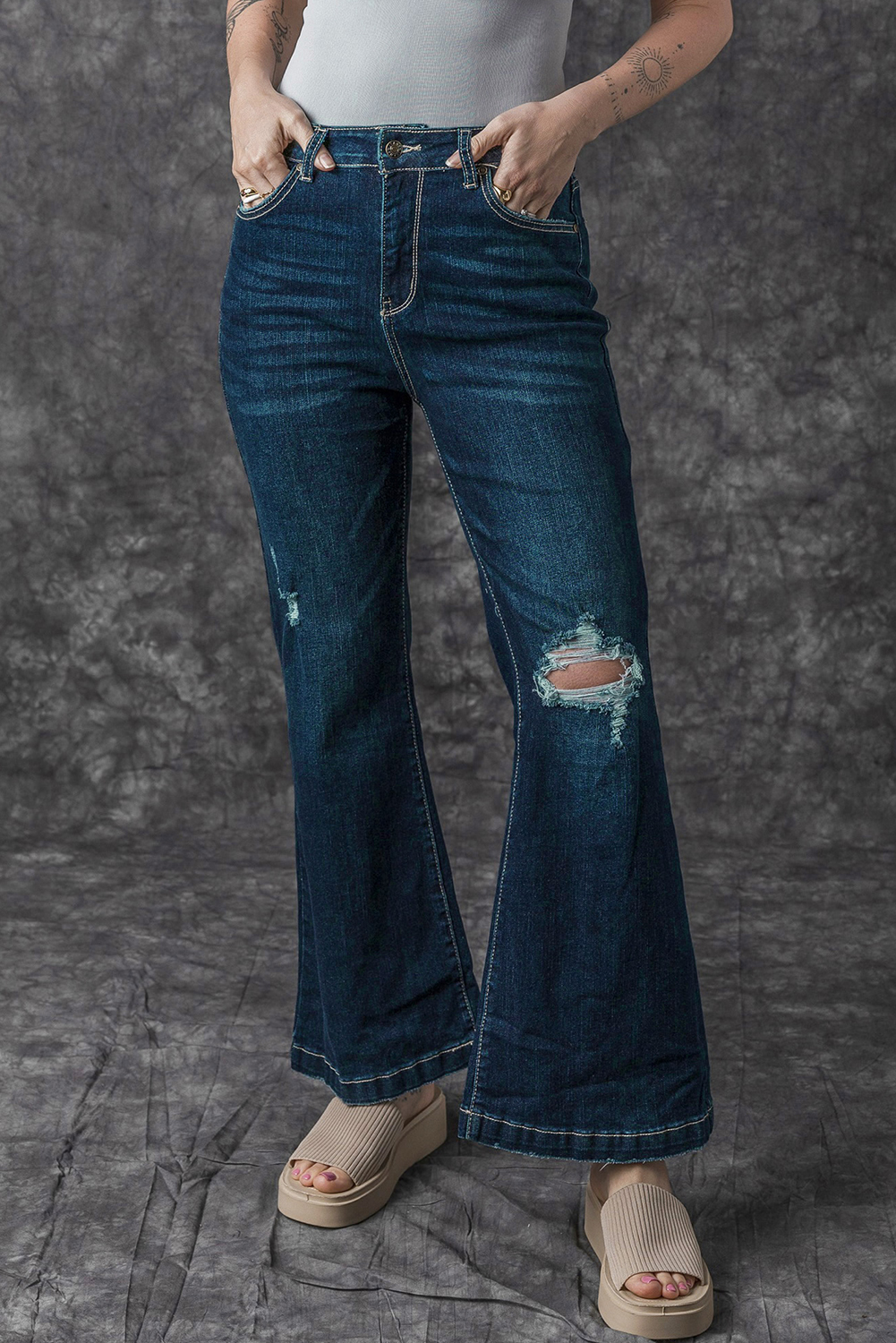 Real Teal High Rise Ripped Bell Bottom Jeans - loveforevers